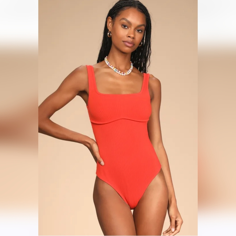 Lulus Love Your Figure Neon Orange Ribbed Sleeveless Bustier Bodysuit Sz M
